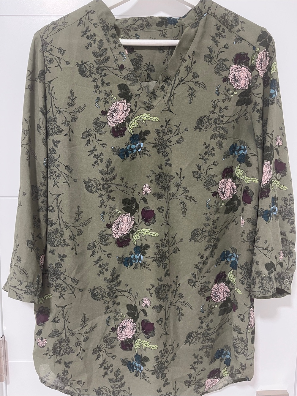 Olive Floral V-Neck Blouse - Women Tops